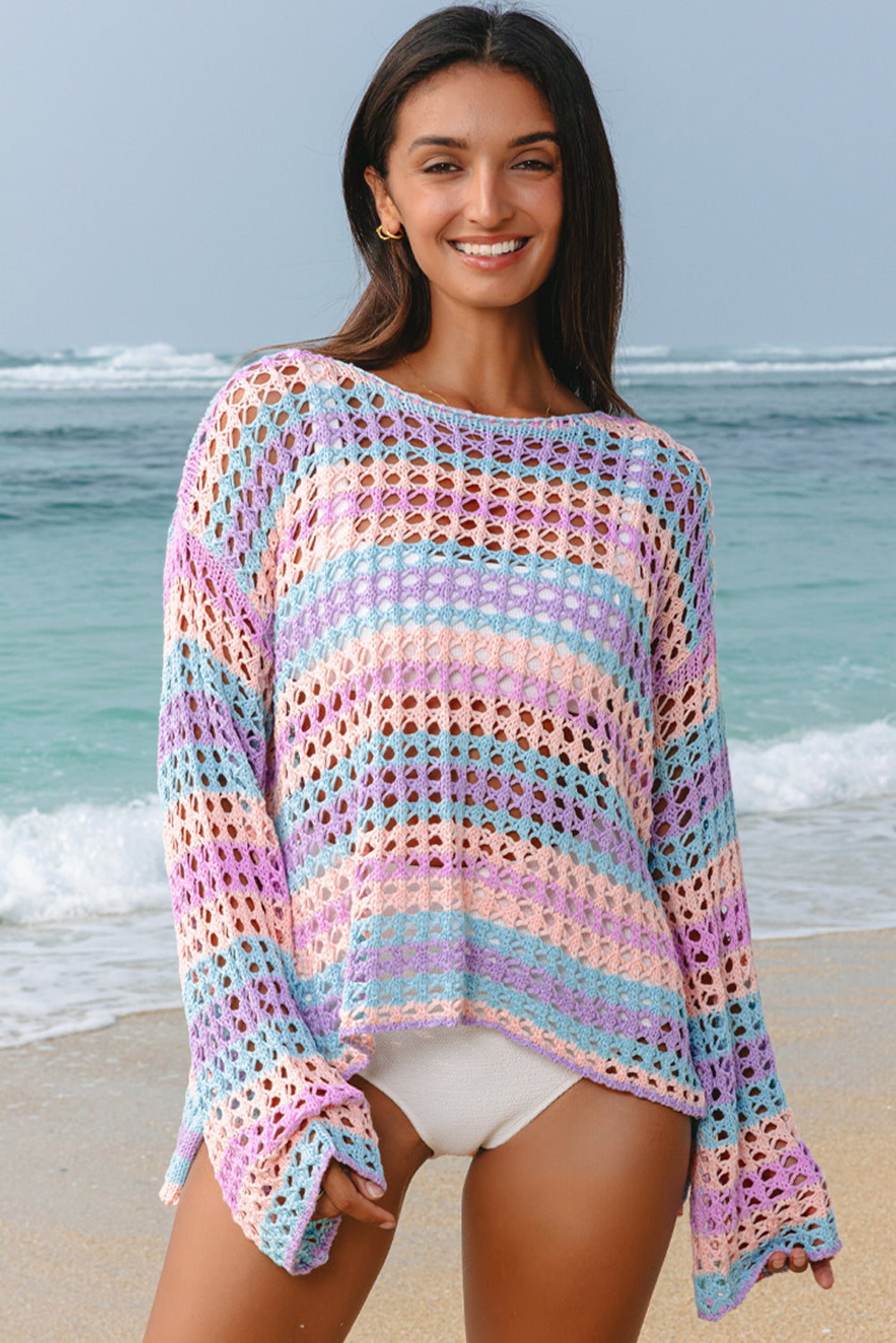 multi stripe open knit sweater beach cover up 2