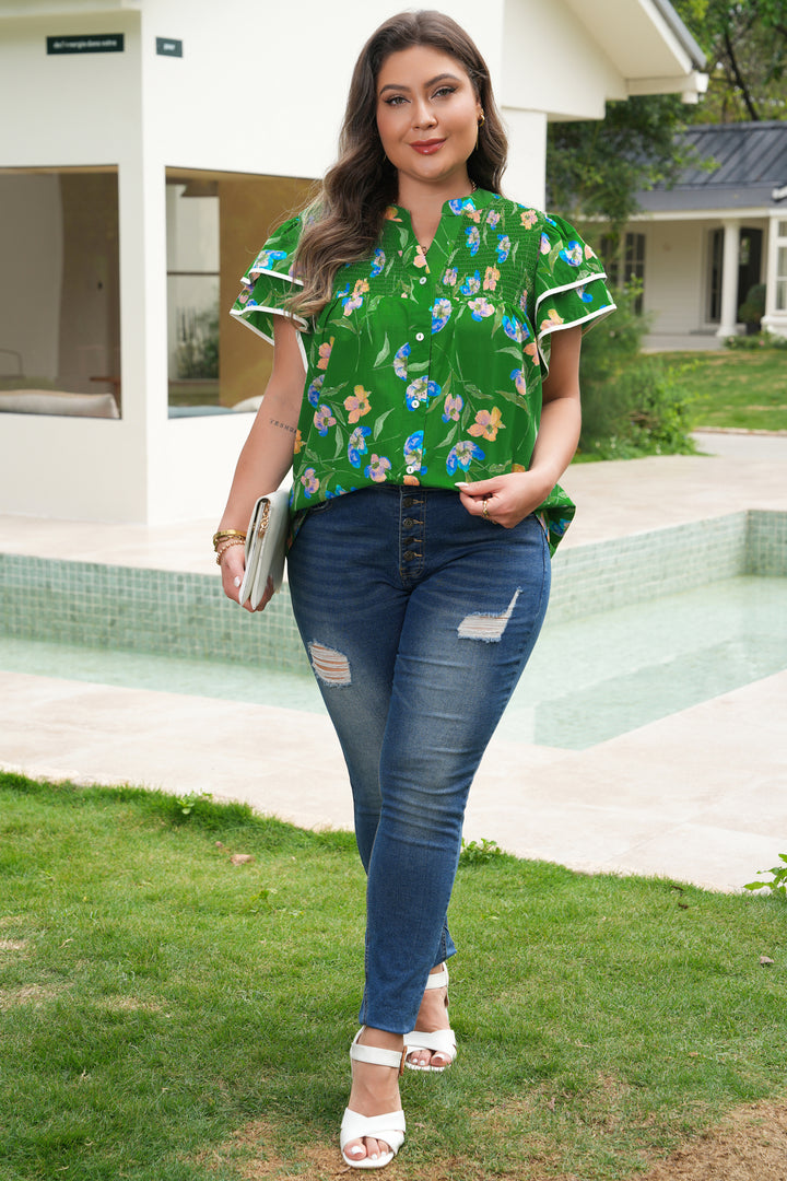 Green Plus Size Ruffled Short Sleeve Cotton Floral Top