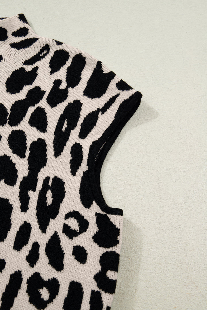 Leopard Print High Neck Short Sleeve Sweater