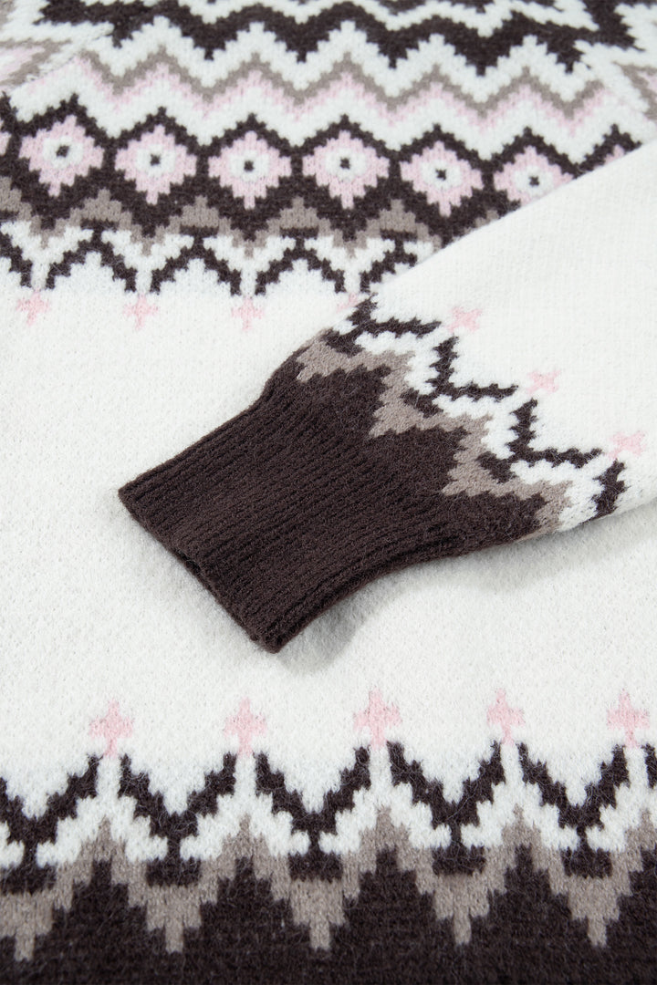 White Geometric Pattern Brushed Knit Button Cardigan