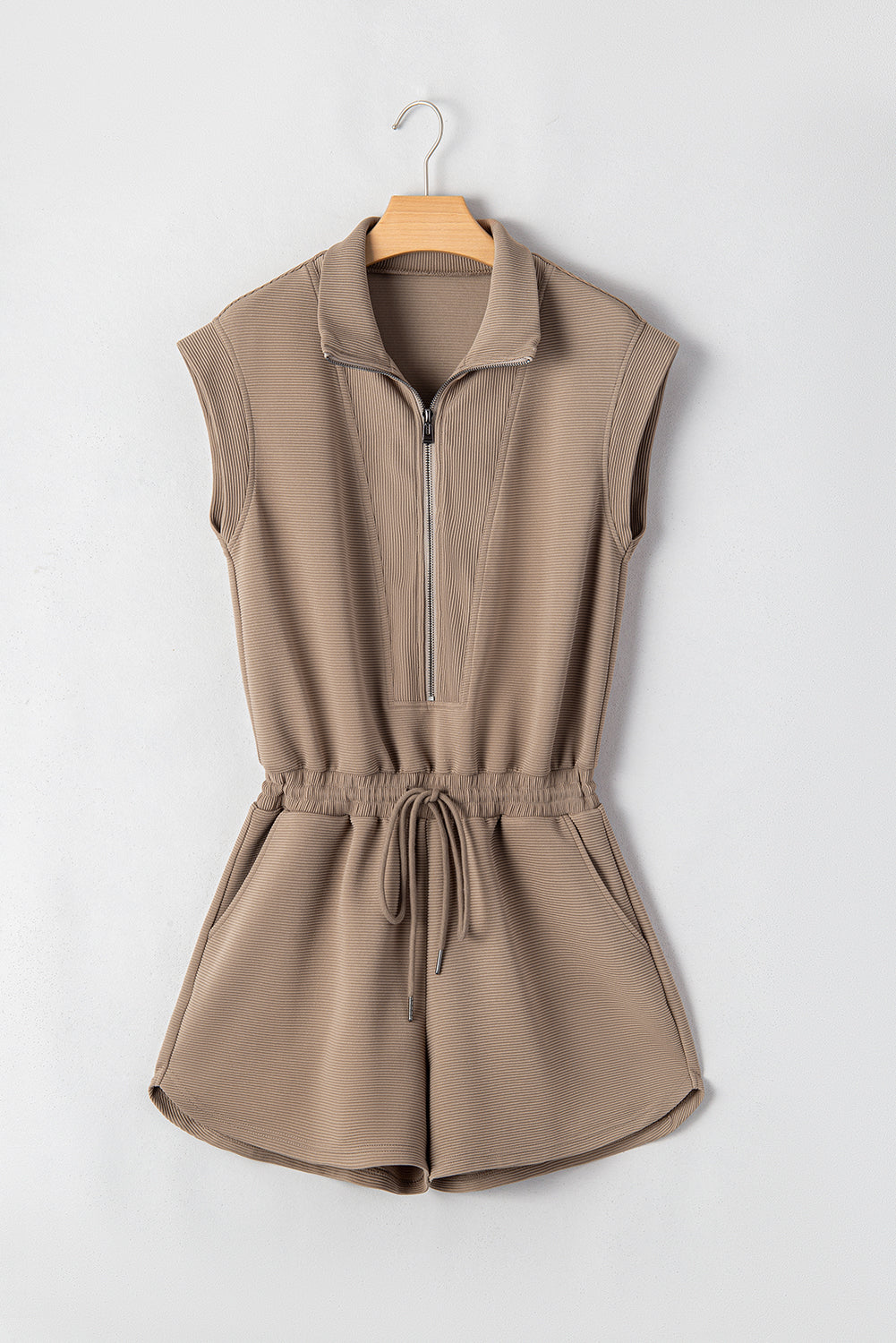Dark Khaki Textured Short Sleeve Half Zip Drawstring Elastic Waistband Romper