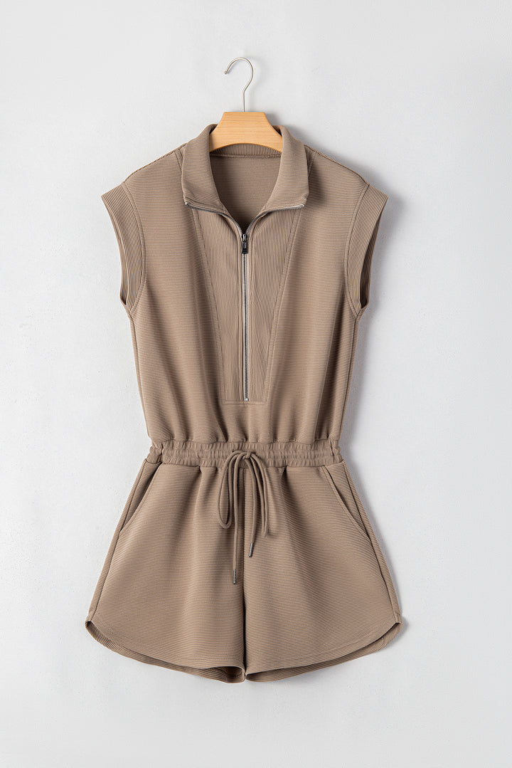 Dark Khaki Textured Short Sleeve Half Zip Drawstring Elastic Waistband Romper