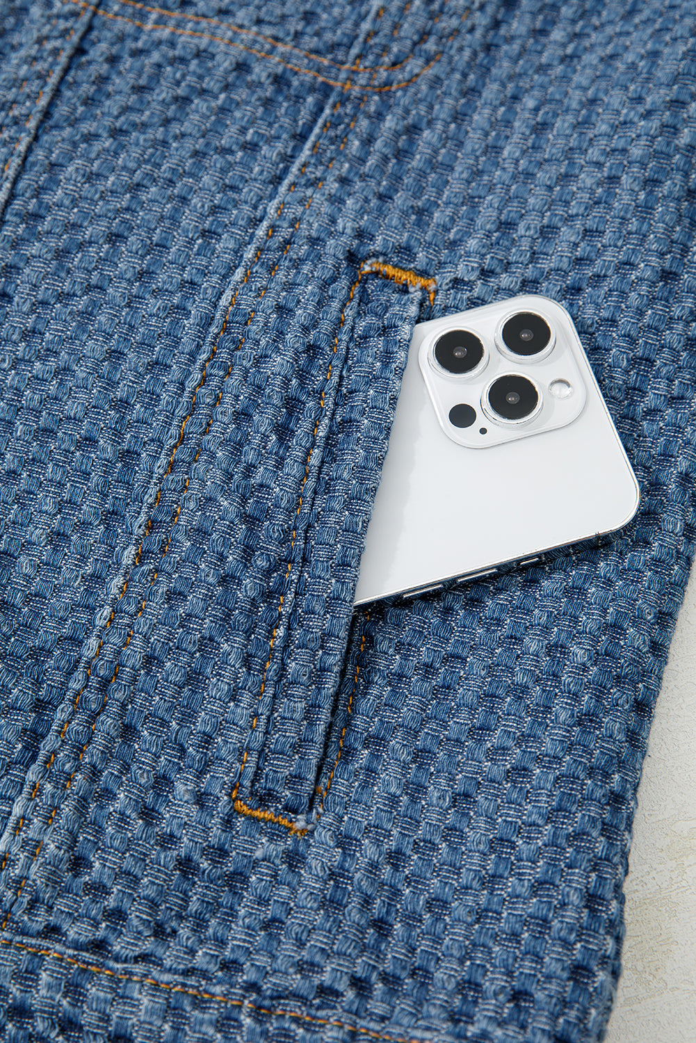 Blue Double Flap Pocket Denim Textured Button Down Jacket