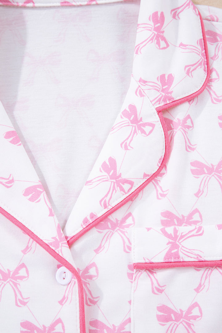 Pink Bow Print Long Sleeve Shirt and Pants Soft Pajama Set