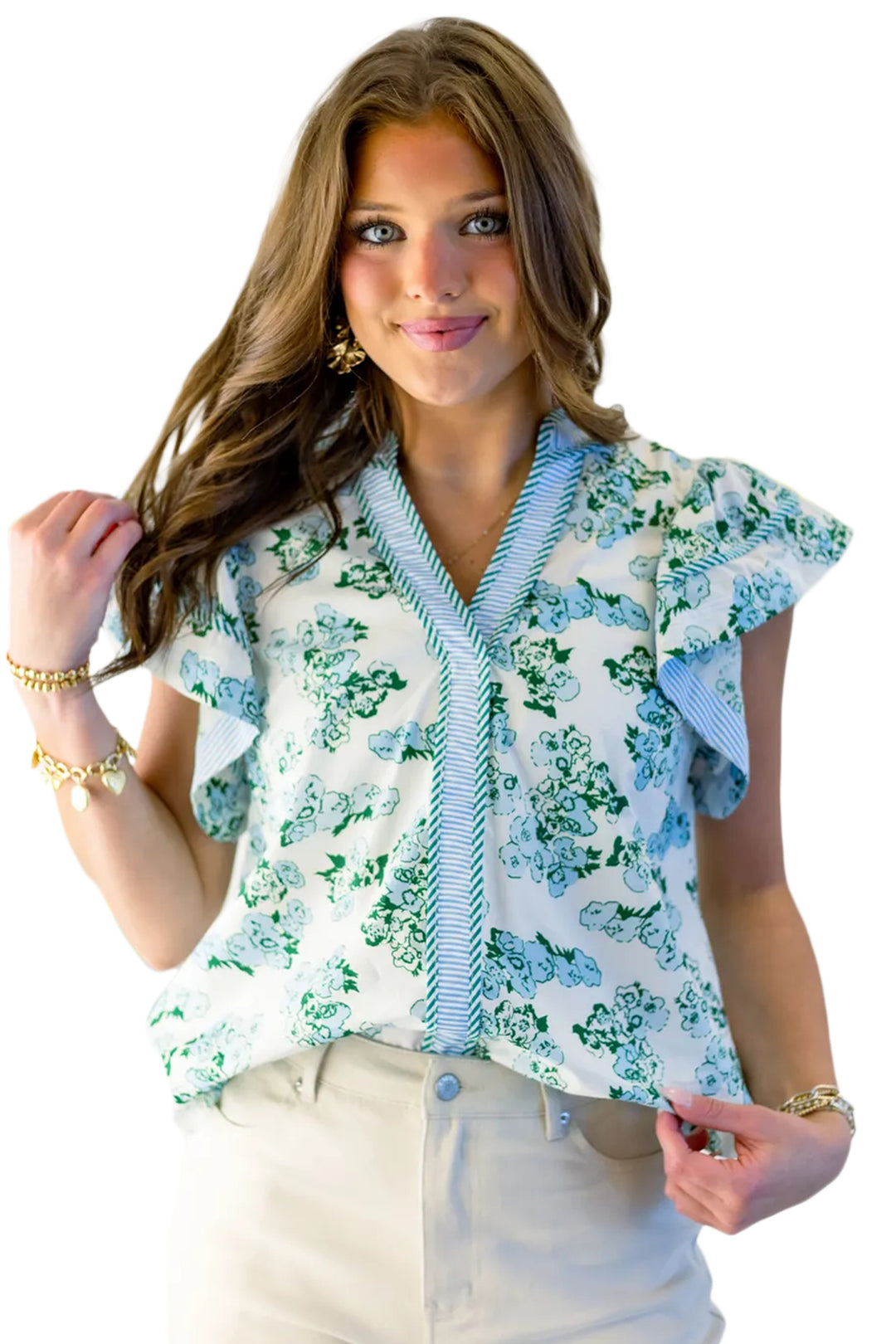 Green Floral Meets Stripes V Neck Flutter Sleeve Blouse