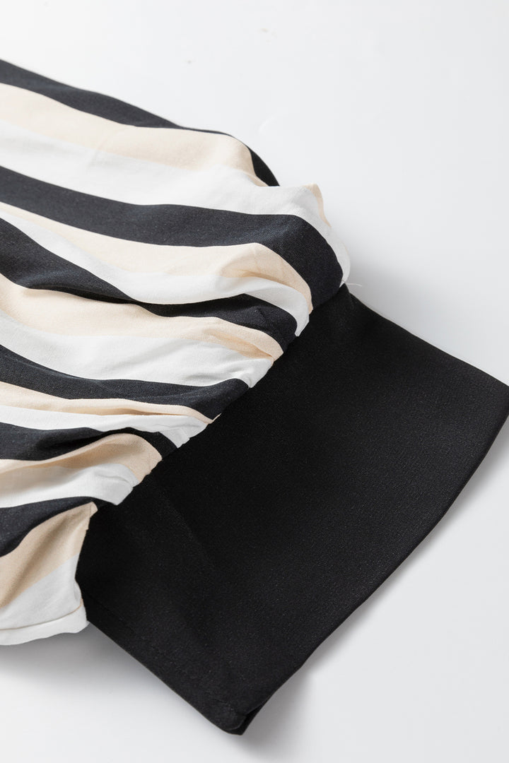 Black Stripe 3/4 Puff Sleeve Shirt Style Button Down Midi Dress