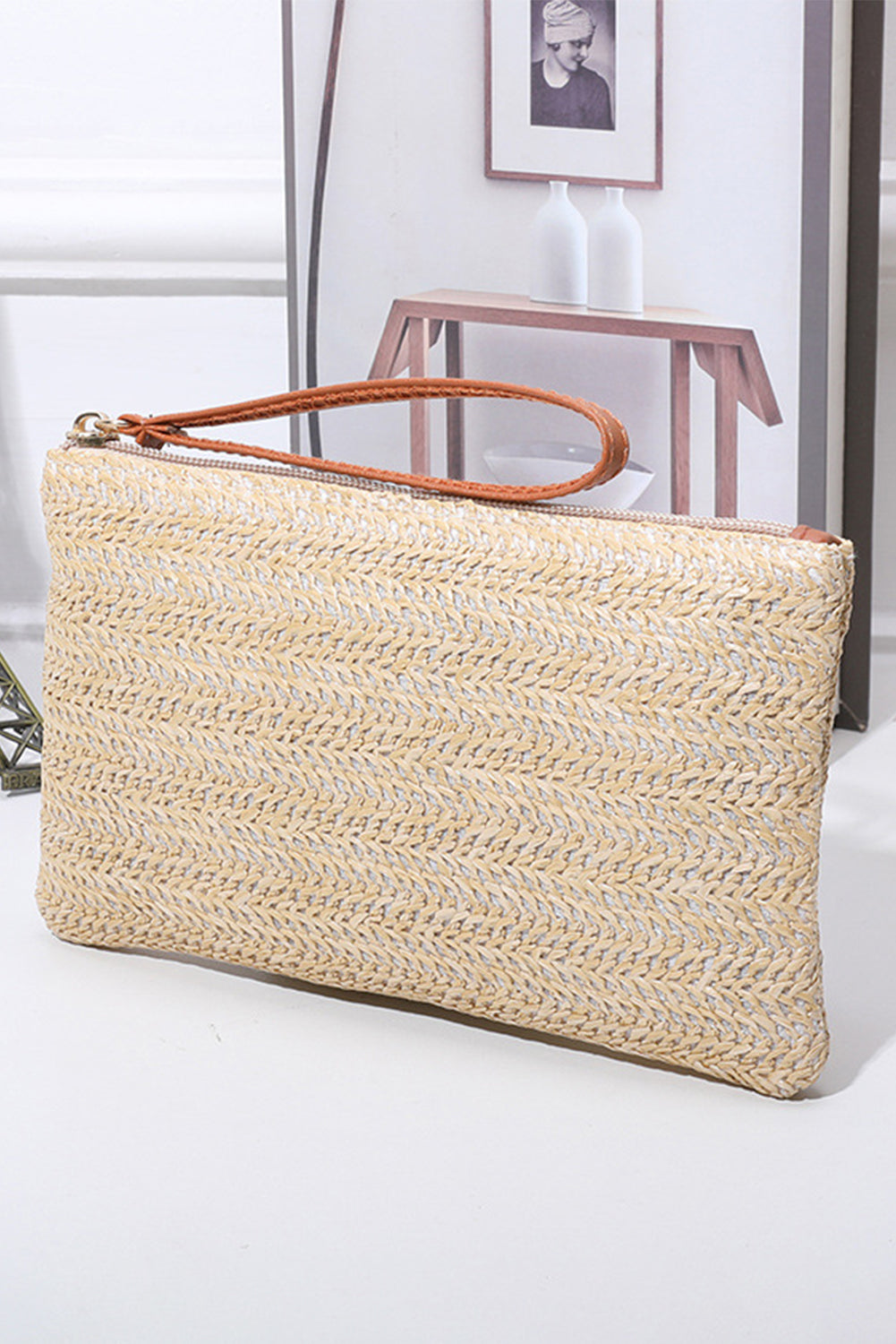 Straw Woven Wrist Strap Zipper Large Wallet