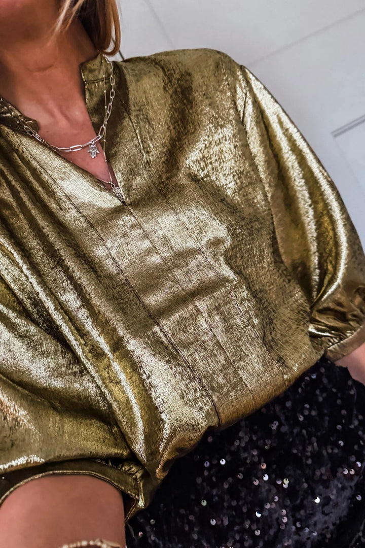Metallic Split Neck Half Sleeve Blouse