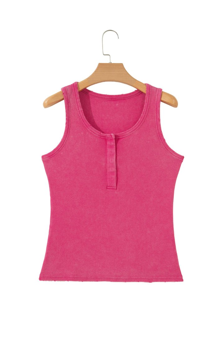 Bright Pink Vintage Distressed Ribbed Mineral Wash Tank Top