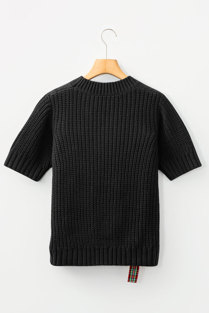 Black Plaid Lace up Detail Christmas Holiday Puff Short Sleeve Sweater