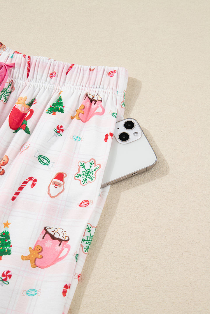 Pink Christmas Spirit Cute Holiday Print Short Sleeve Shirt and Pants 2pcs Pajama Set