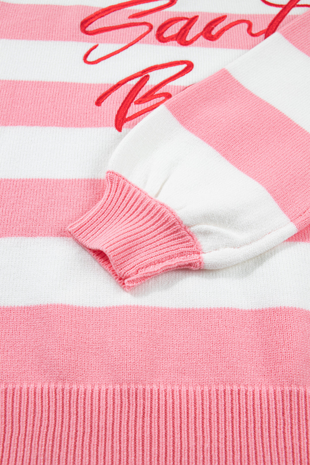 Pink Stripe Santa Baby Embroidered Christmas Slogan Drop Shoulder Pullover Sweater