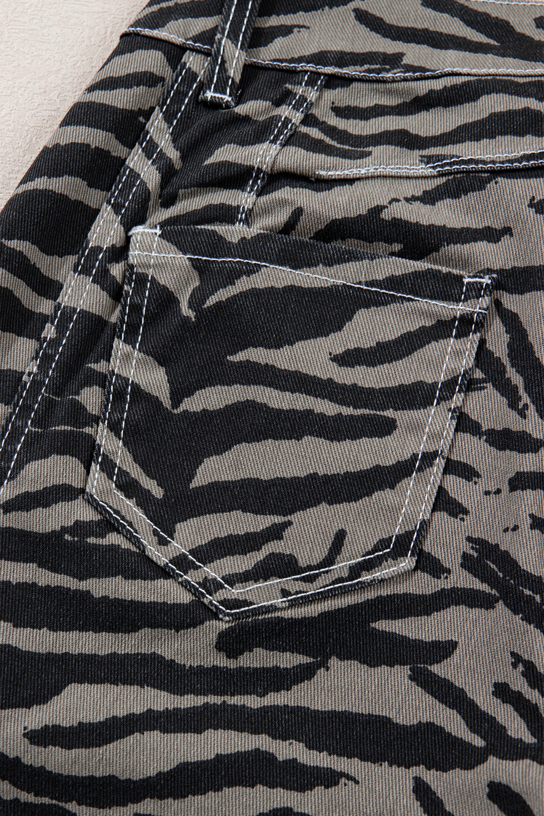 Gray Zebra Stripe Printed Wide Leg Barrel Jeans