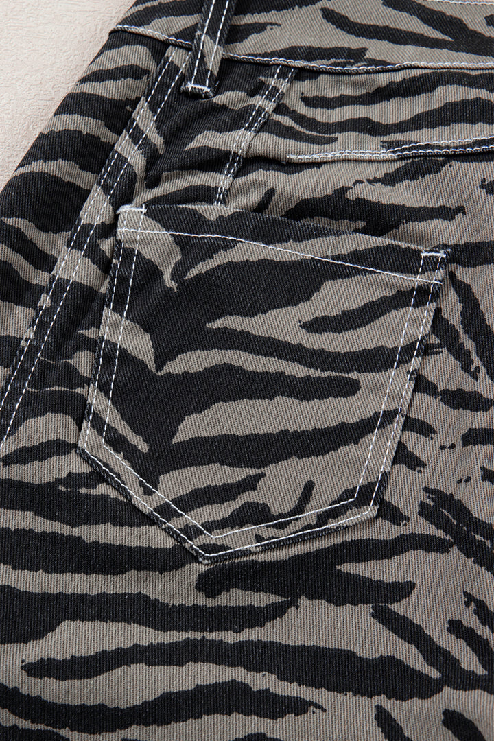 Gray Zebra Stripe Printed Wide Leg Barrel Jeans