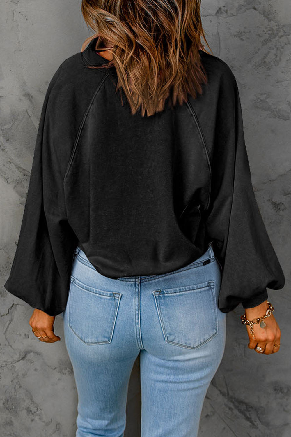 Washed Snap Buttons Lantern Sleeve Pullover Sweatshirt