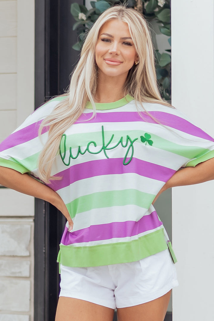Lucky Clover Embroidered Graphic Dolman Loose Tee