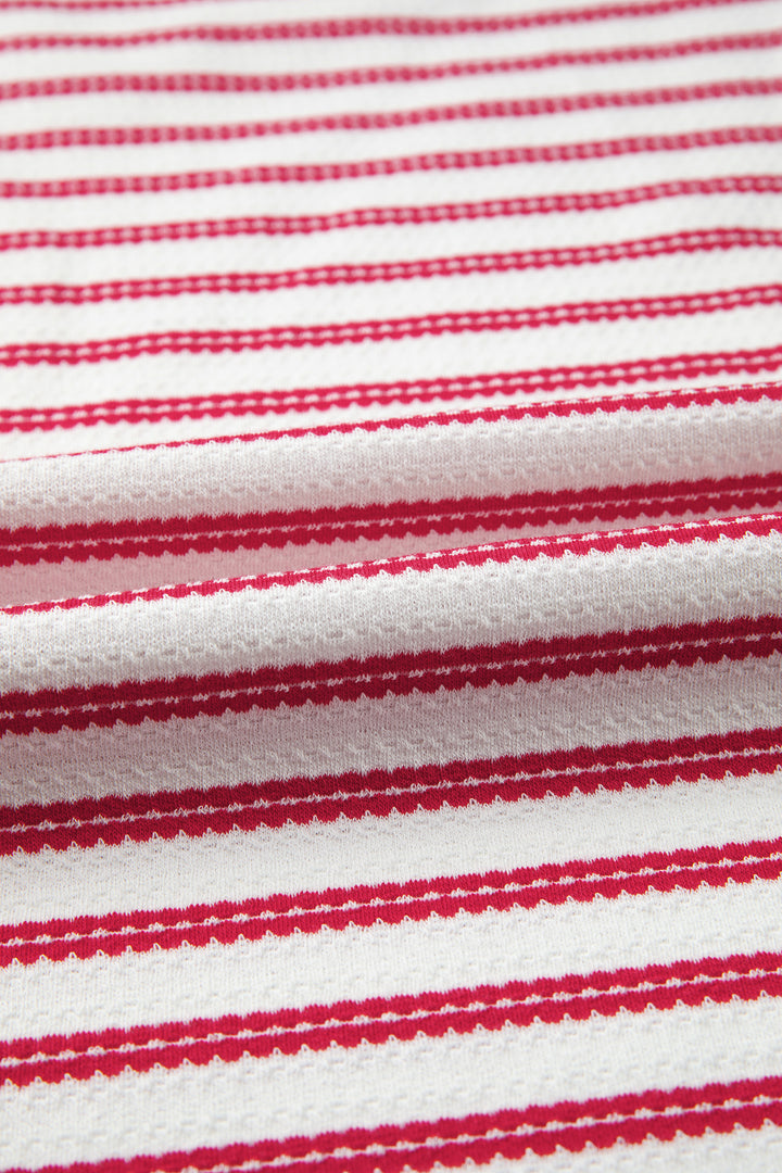 Red Stripe Textured Knit Button Detail Short Sleeve Casual Tee
