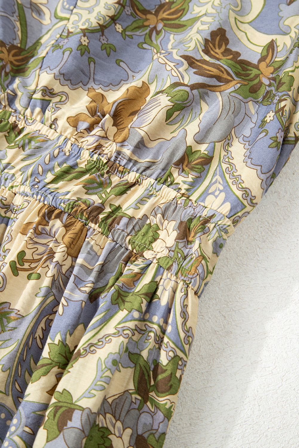 Vintage Floral V Neck Short Puff Sleeve Long Dress