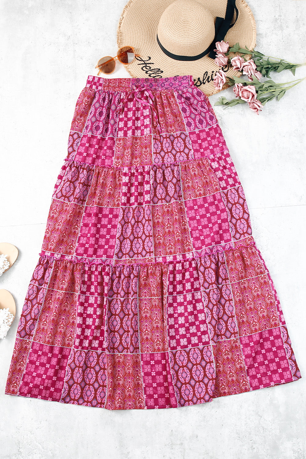 Purple Tiered Paisley Print Pocketed Boho Maxi Skirt