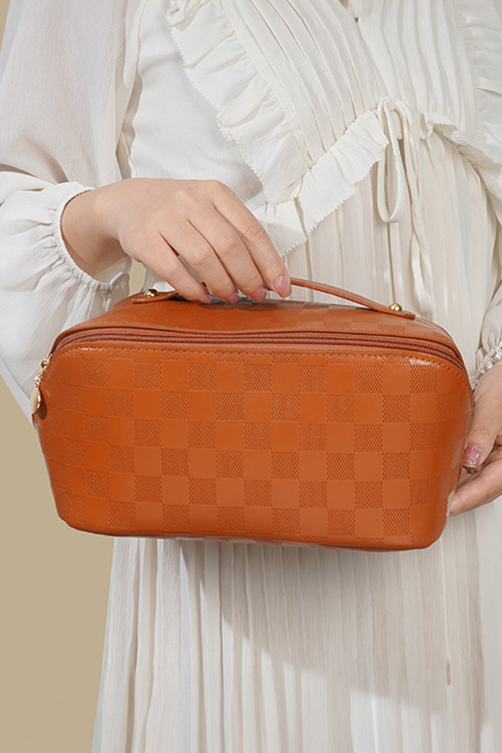 Grande trousse de maquillage en cuir PU à carreaux avec poignée