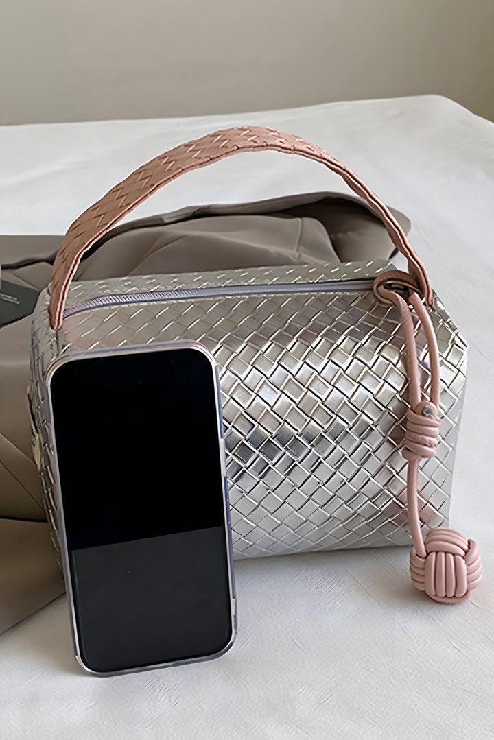 Lattice Texture Corded Ball Decor Weaven Handle Cosmetic Bag