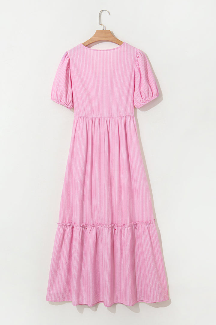 V Neck Puff Short Sleeve Maxi Dress