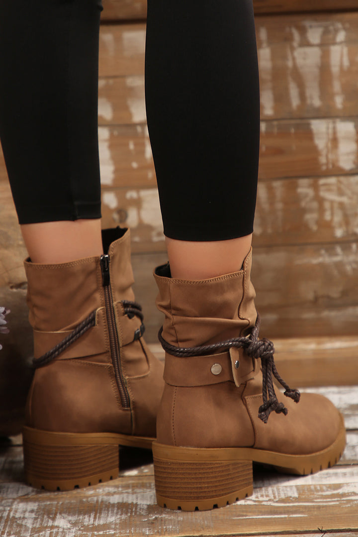 Suede Woven Lace-up Strap Side Zip Boots