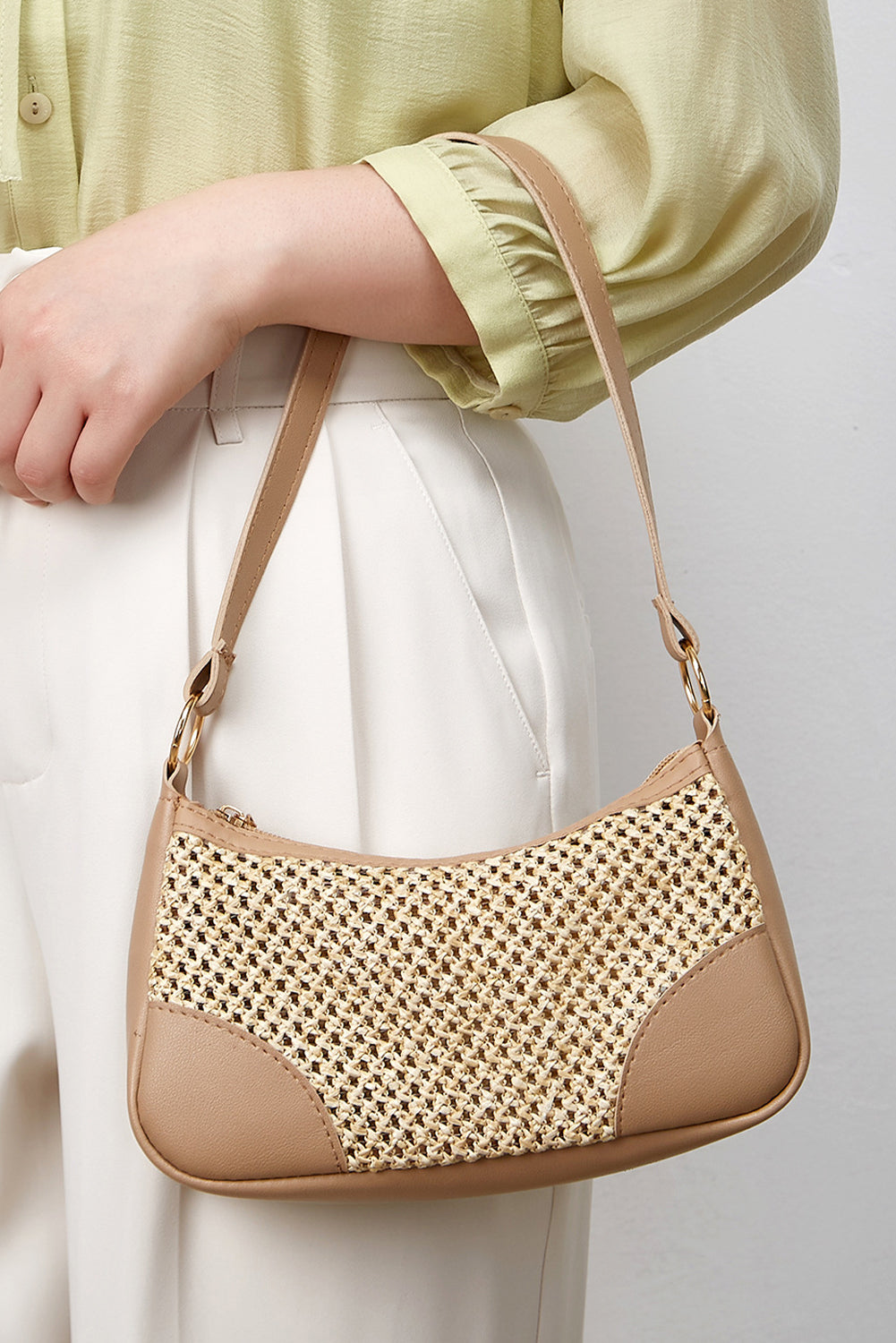 Straw Woven PU Leather Patchwork Shoulder Bag