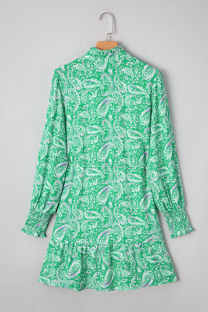 Paisley Print Long Sleeve Button Front Tied Waist Mini Dress