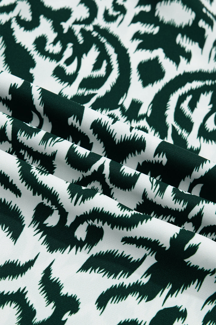 Green Damask Print Ruffled Color Block Detail Half Sleeve Blouse