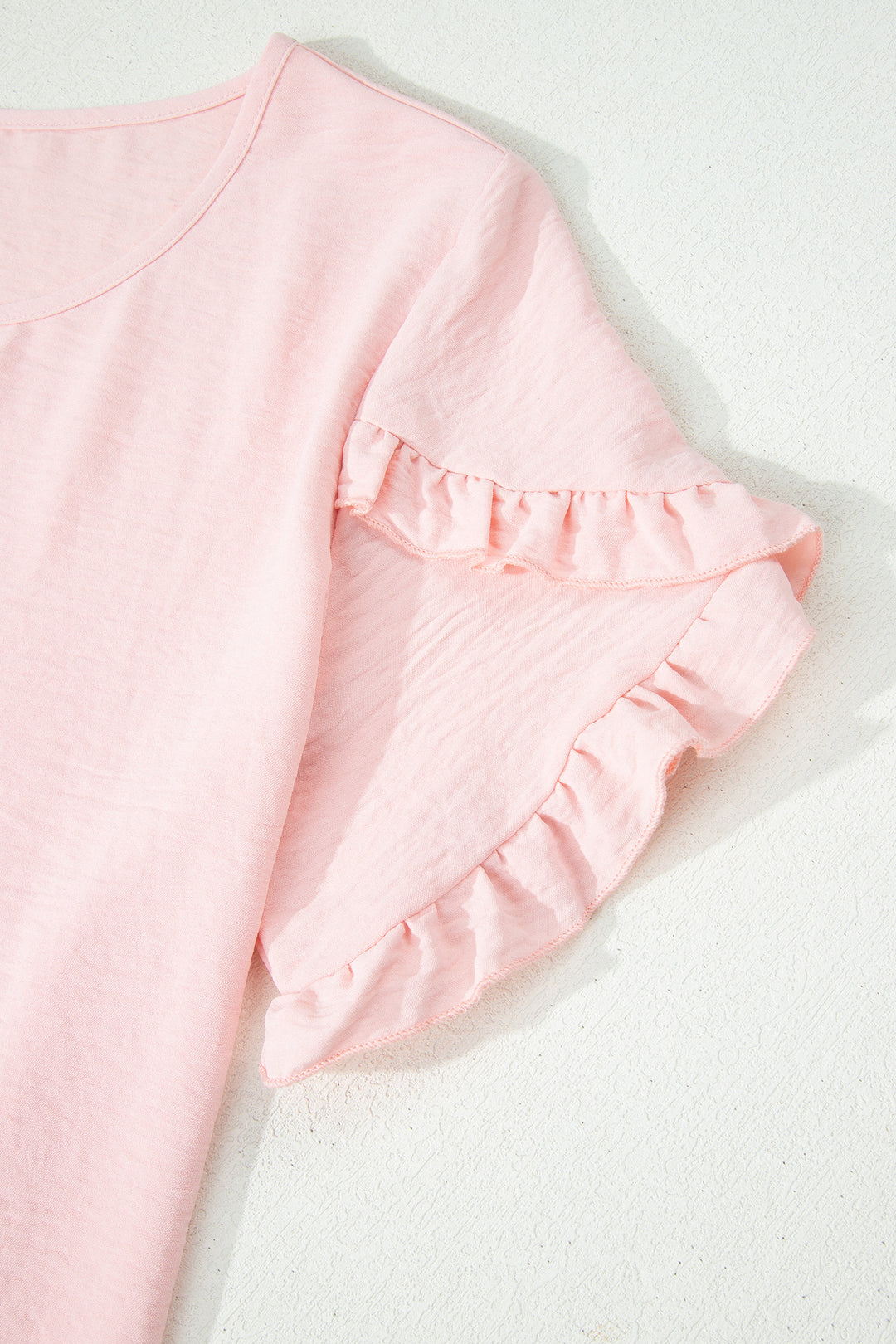 Light Pink Solid Color Ruffle Trim Short Sleeve Blouse