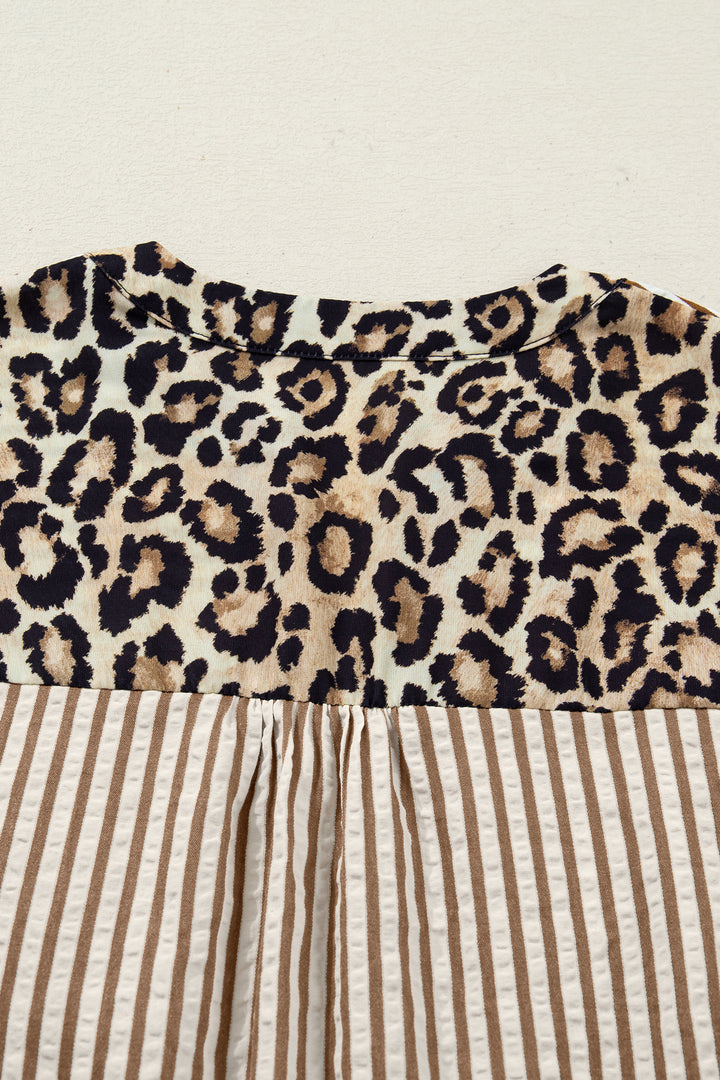 Brown Stripe Leopard Patchwork Long Sleeve Shirt