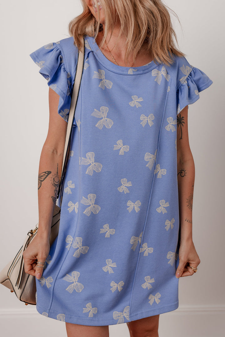 bow knot print crewneck ruffled sleeve shift mini dress