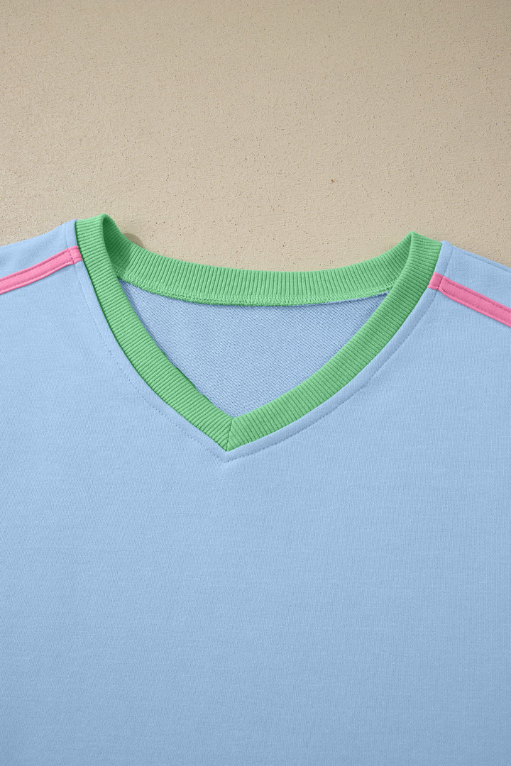 Sky Blue Ribbed Colorblock Trim Sporty Pullover Mini Skort 2pcs Athleisure Set