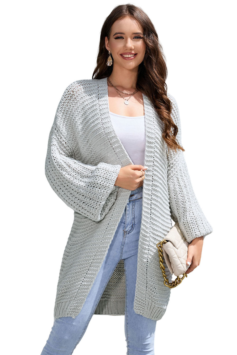 Gray Chunky Oversize Knit Drop Shoulder Puff Sleeve Cardigan