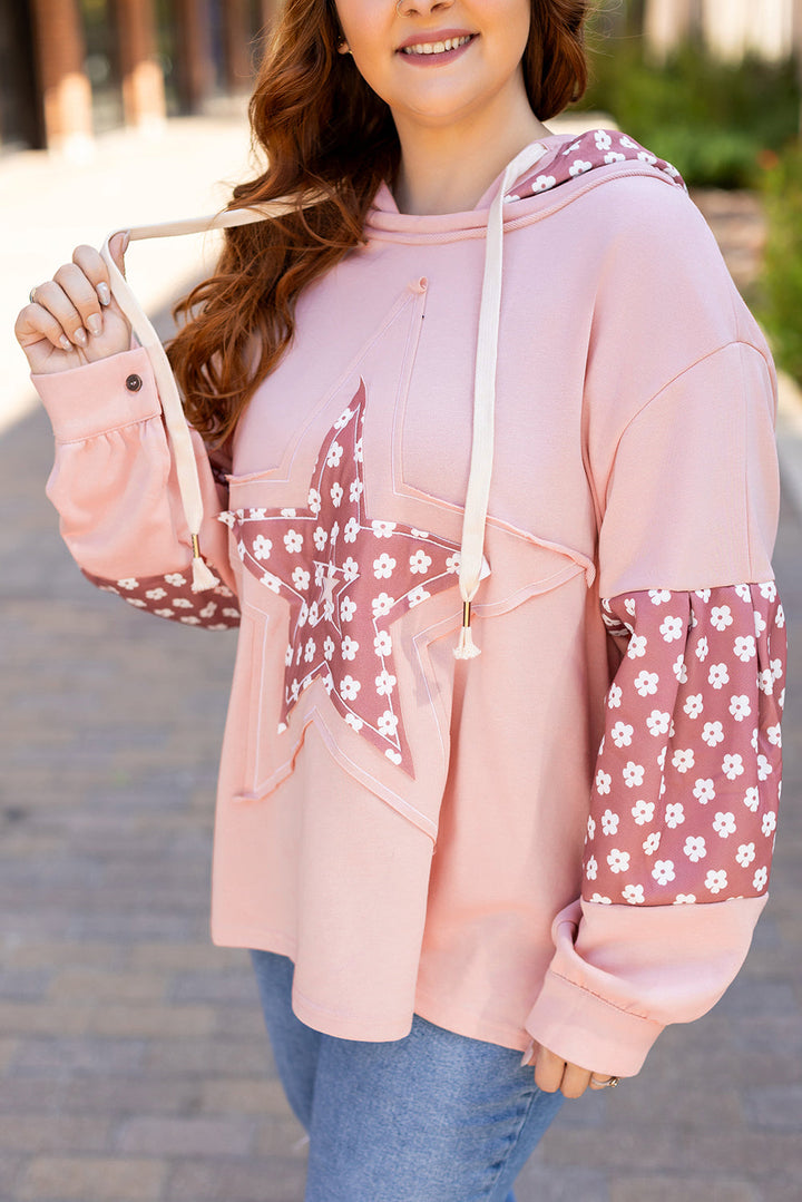 Star Patch Graphic Floral Color Block Drawstring Plus Size Hoodie