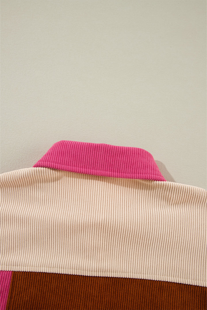 Rose Red Colorblock Curved Hem Corduroy Shacket