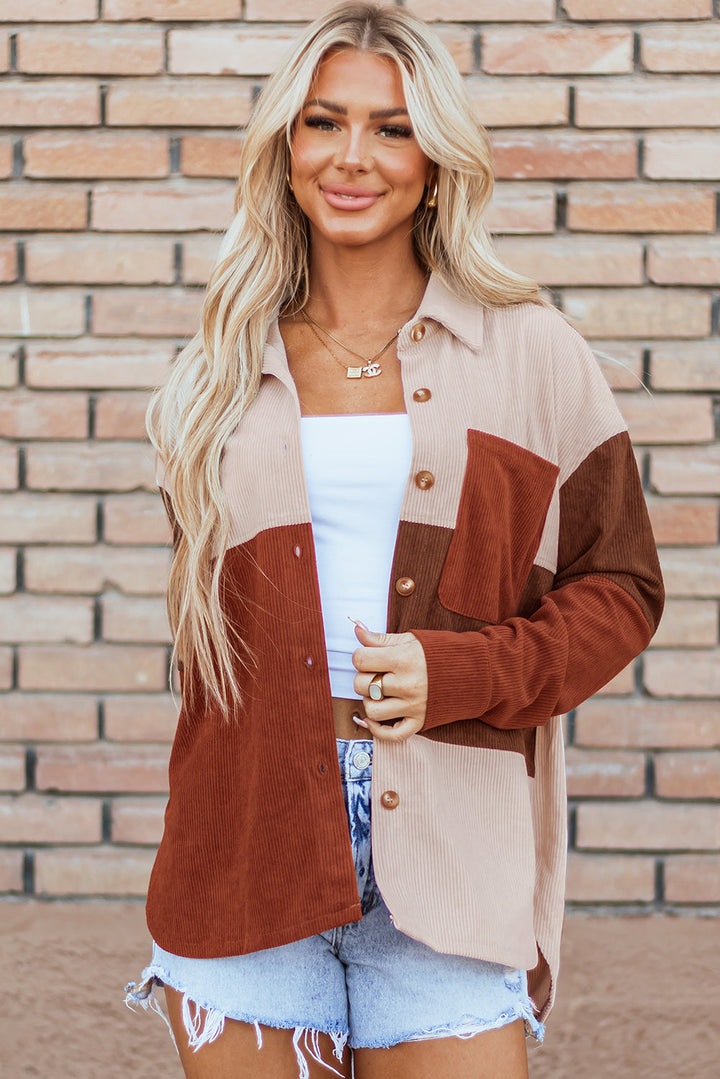 Colorblock Curved Hem Corduroy Shacket with Pocket