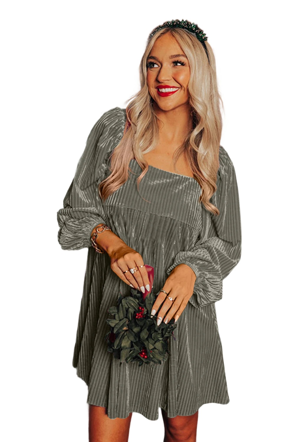 Gray Tie Back Square Neck Velvet Babydoll Dress
