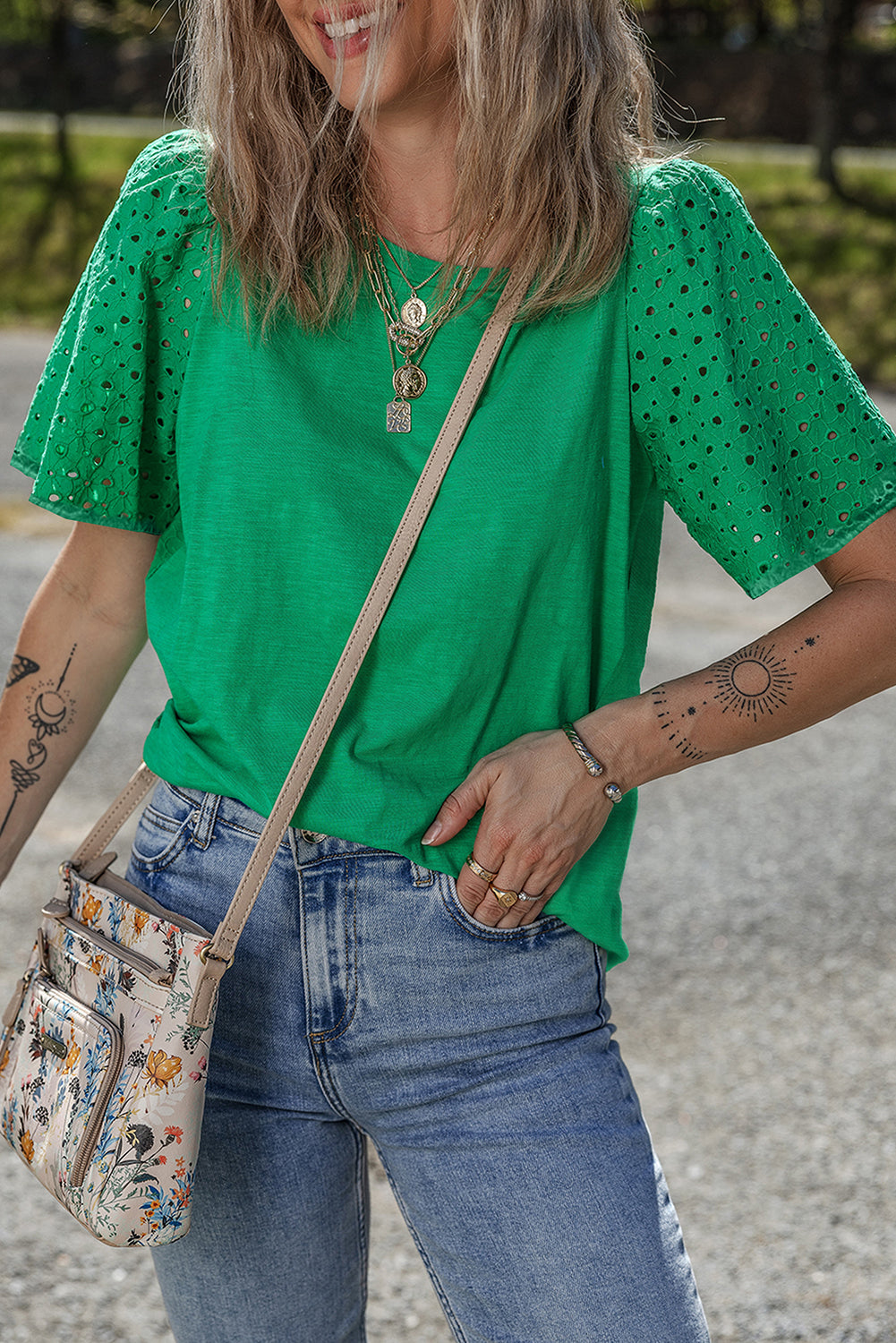 Eyelet Embroidered Patchwork Shift Top