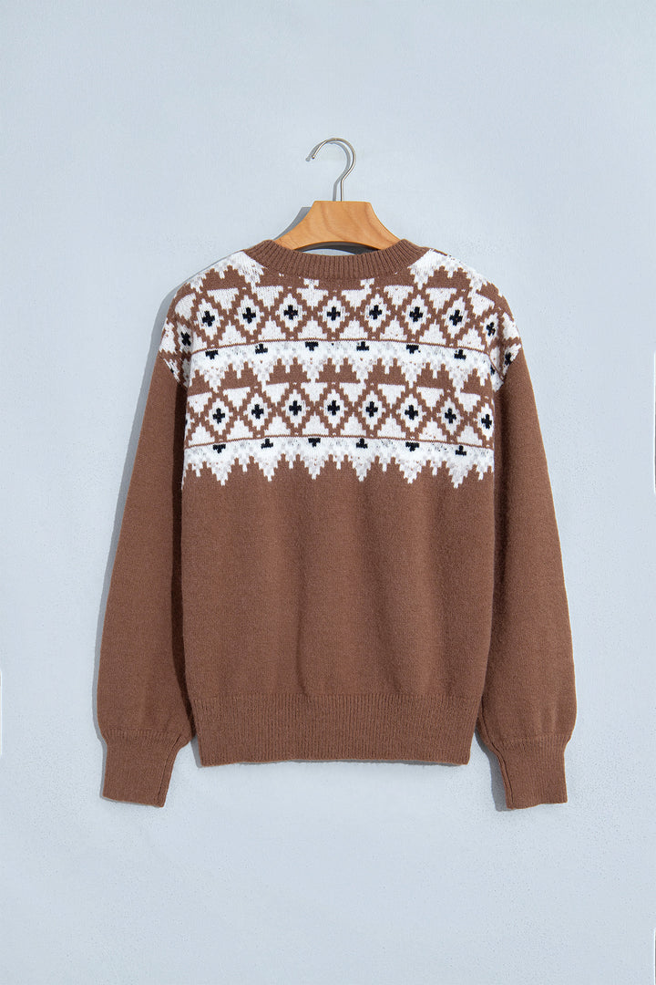 Khaki Geometric Print Casual Pullover Sweater