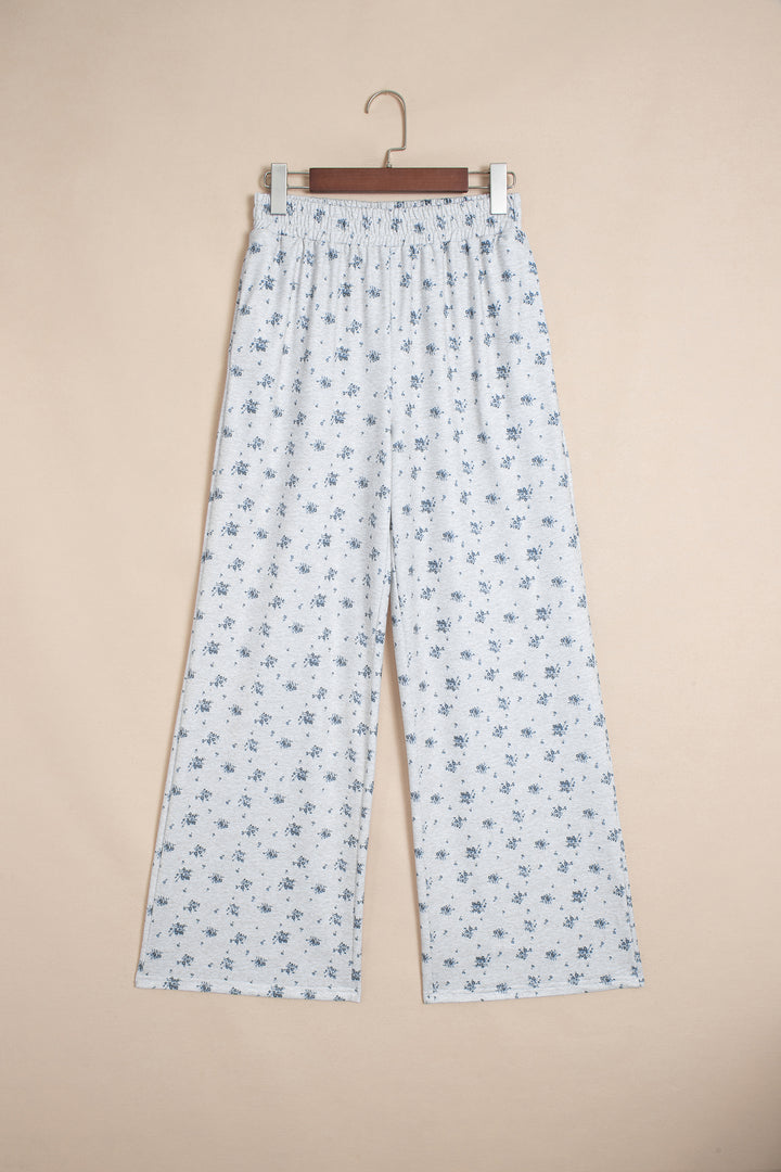 Gray Floral Print Elastic Waist Full Length Regular Pants