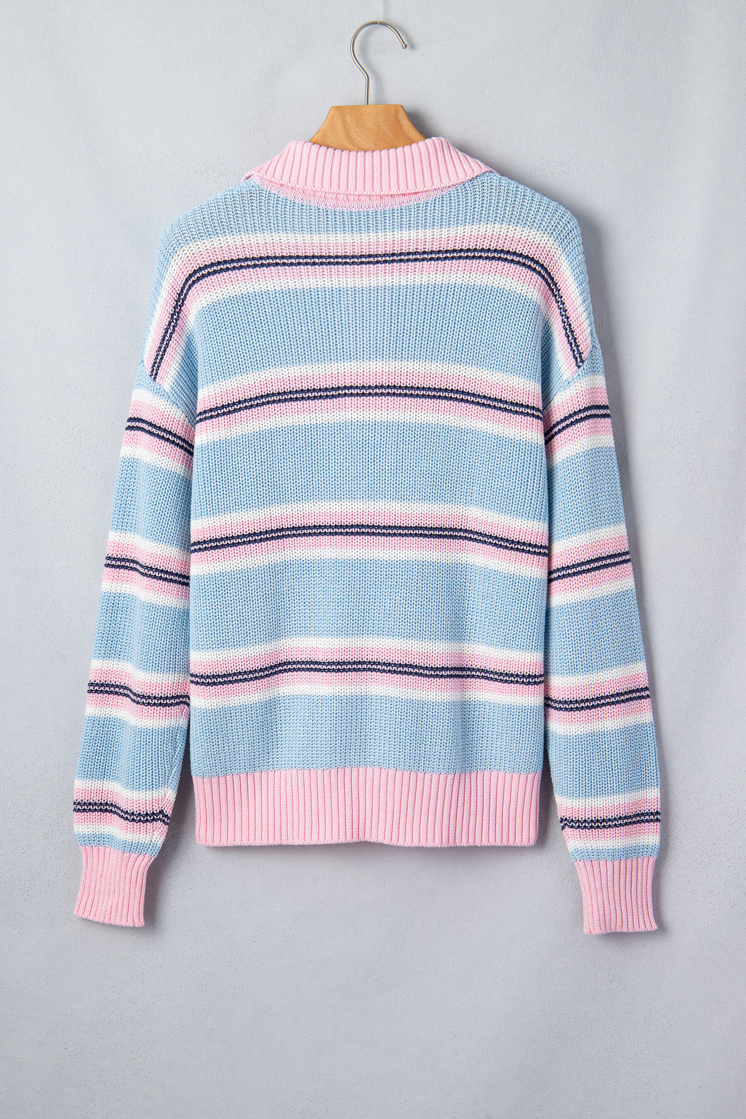 Sky Blue Stripe Button Collar Long Sleeve Shift Fit Winter Knitwear Sweater