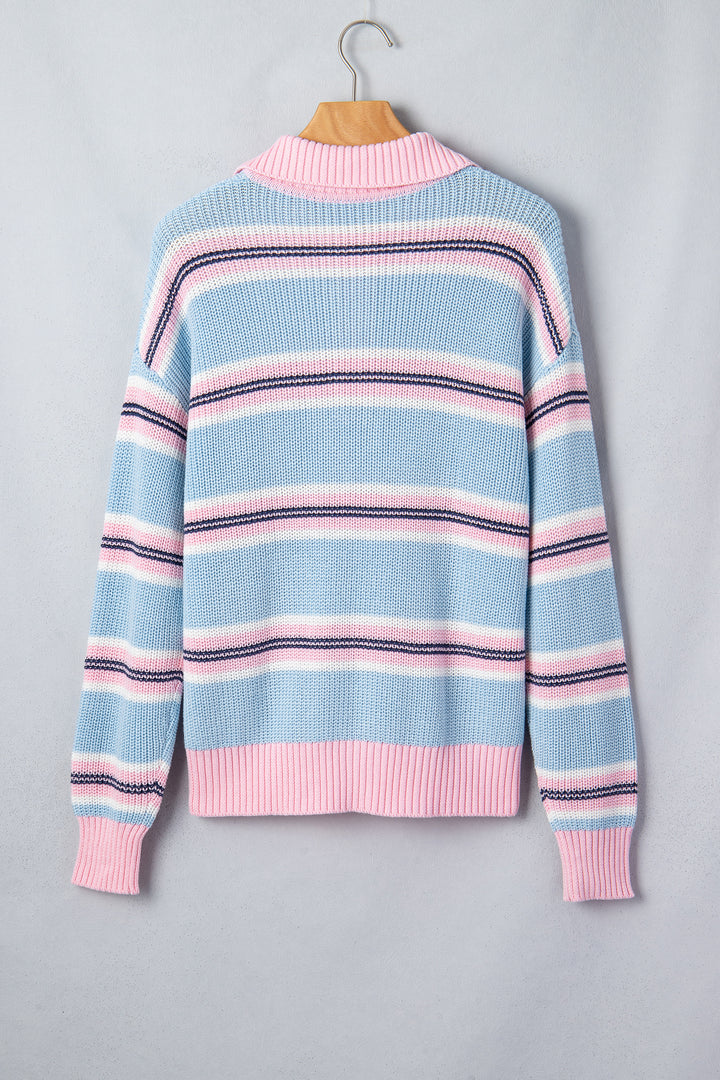 Sky Blue Stripe Button Collar Long Sleeve Shift Fit Winter Knitwear Sweater