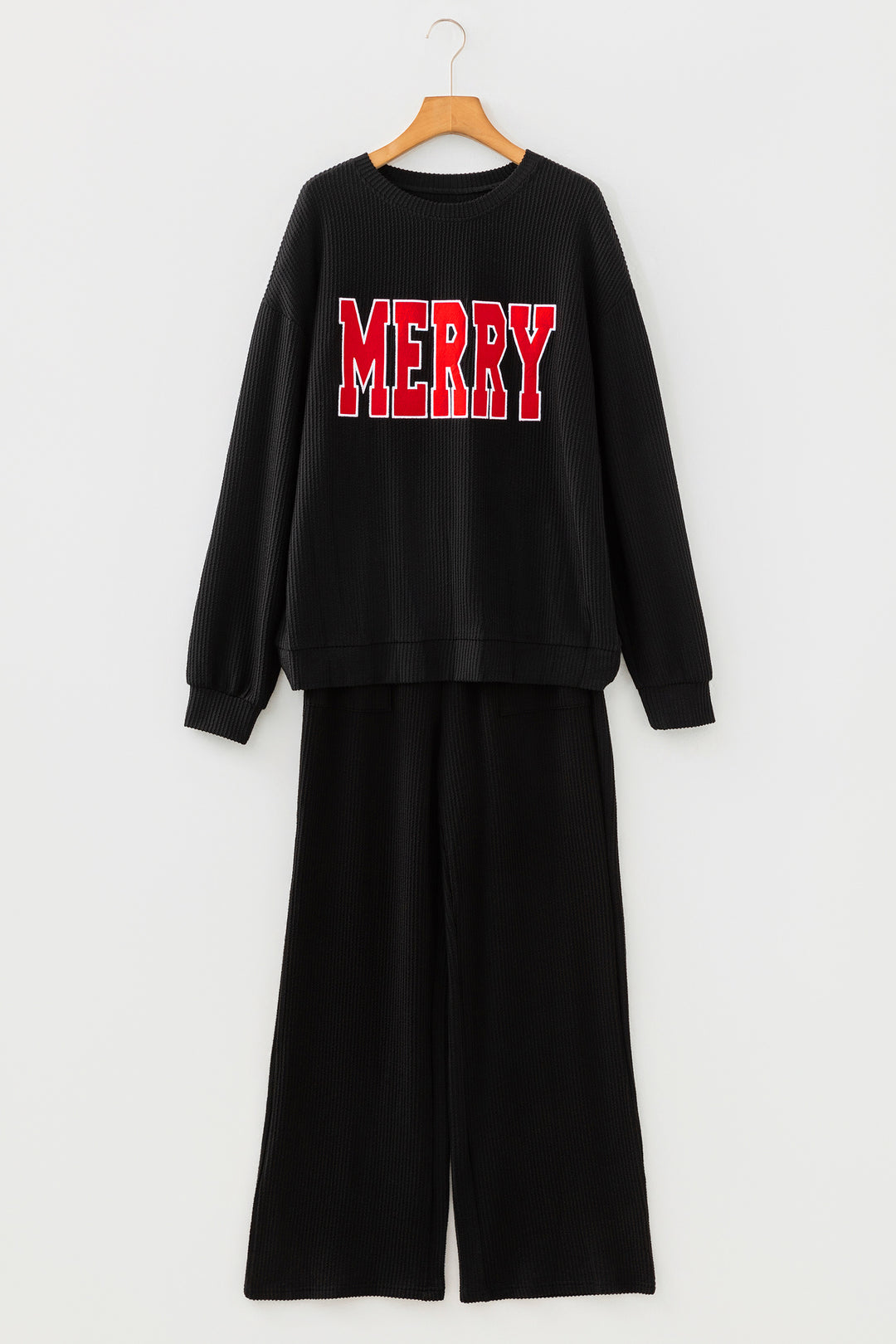 Black MERRY Corded Long Sleeve Top and Pockets Pants Set