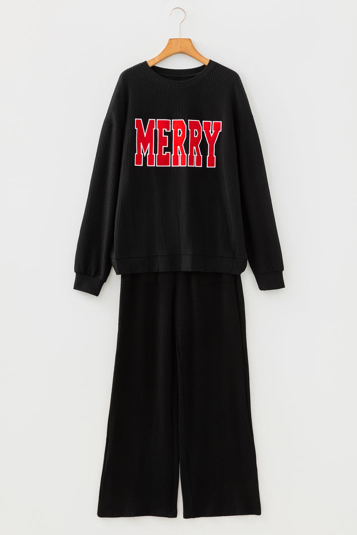 Black MERRY Corded Long Sleeve Top and Pockets Pants Set