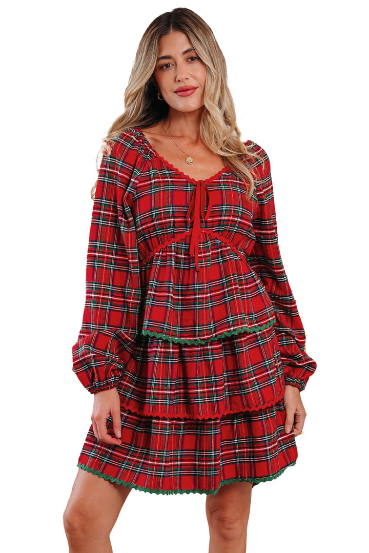 Plaid Print Ricrac Tiered Bubble Sleeve Mini Dress