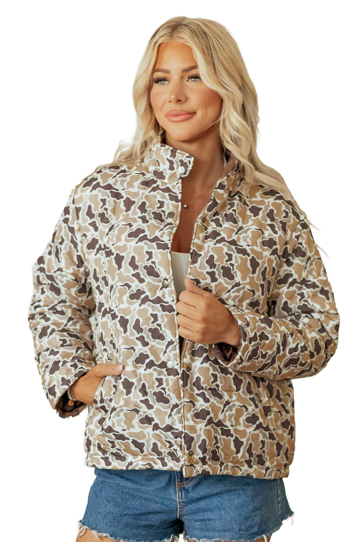 Multicolour Camouflage Quilted Metal Button Collar Long Sleeve Puffer Coat
