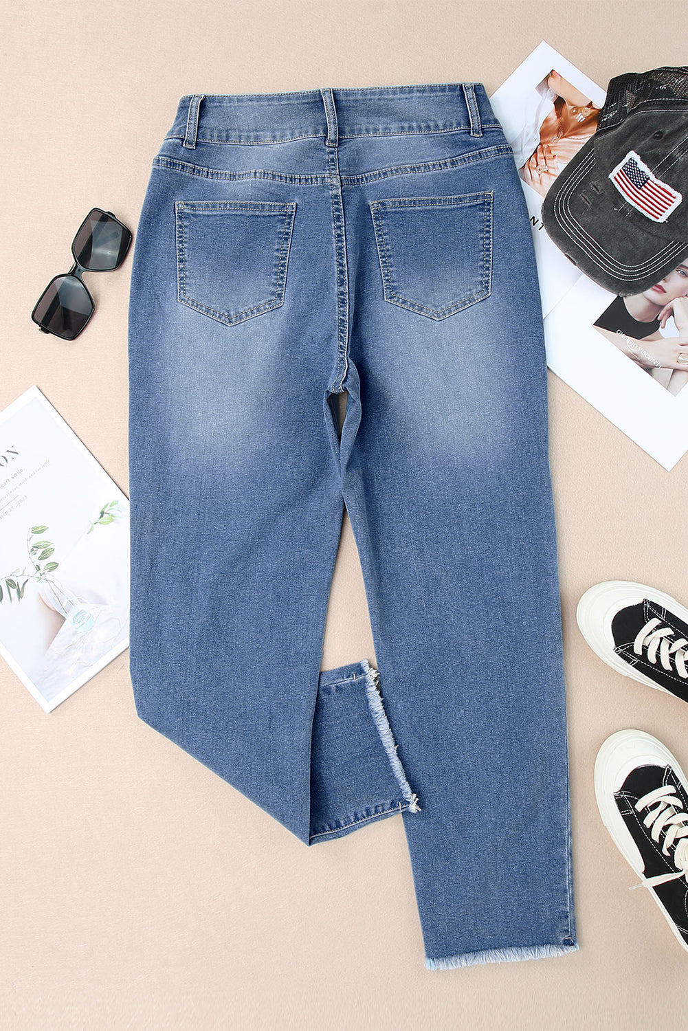 Sky Blue Double Button Raw Hem Slim Fit Jeans