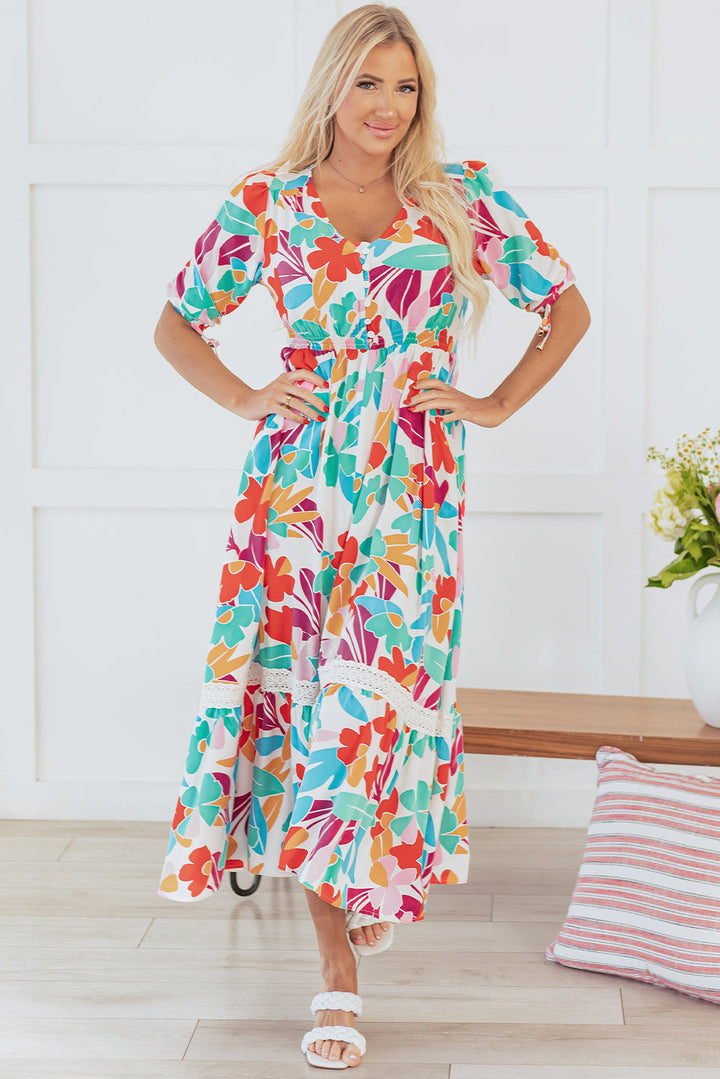 Floral Knot Puff Sleeve V Neck Buttoned Front Split Lace Maxi Dress